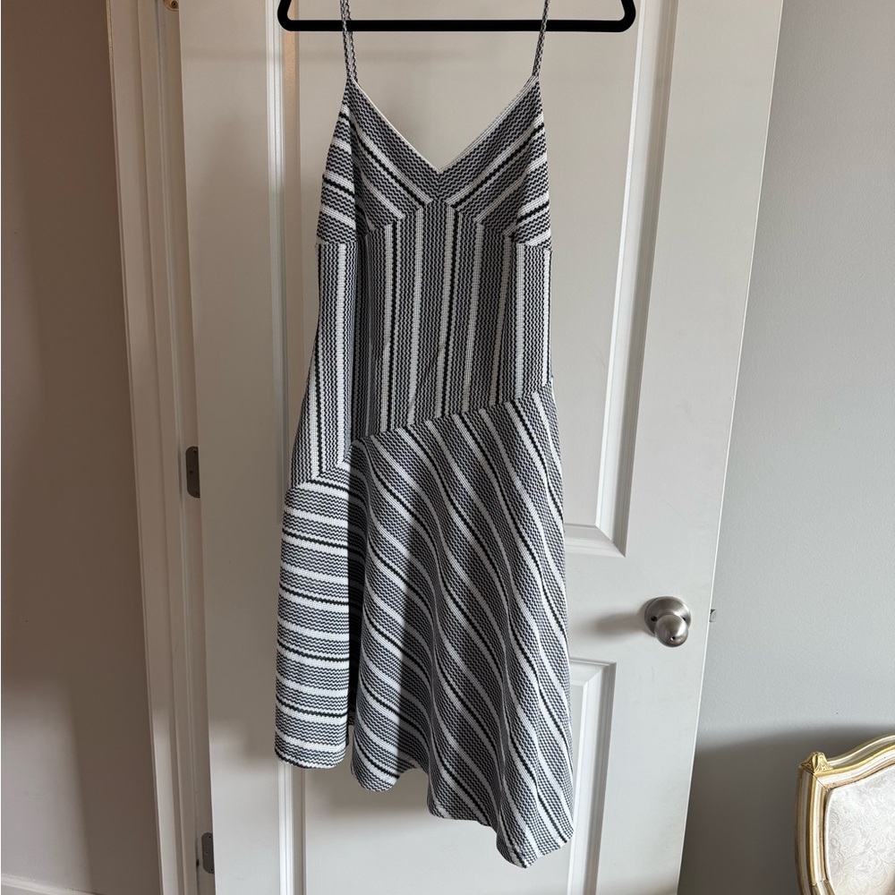 BCBG Asymmetrical Black and White Striped Dress